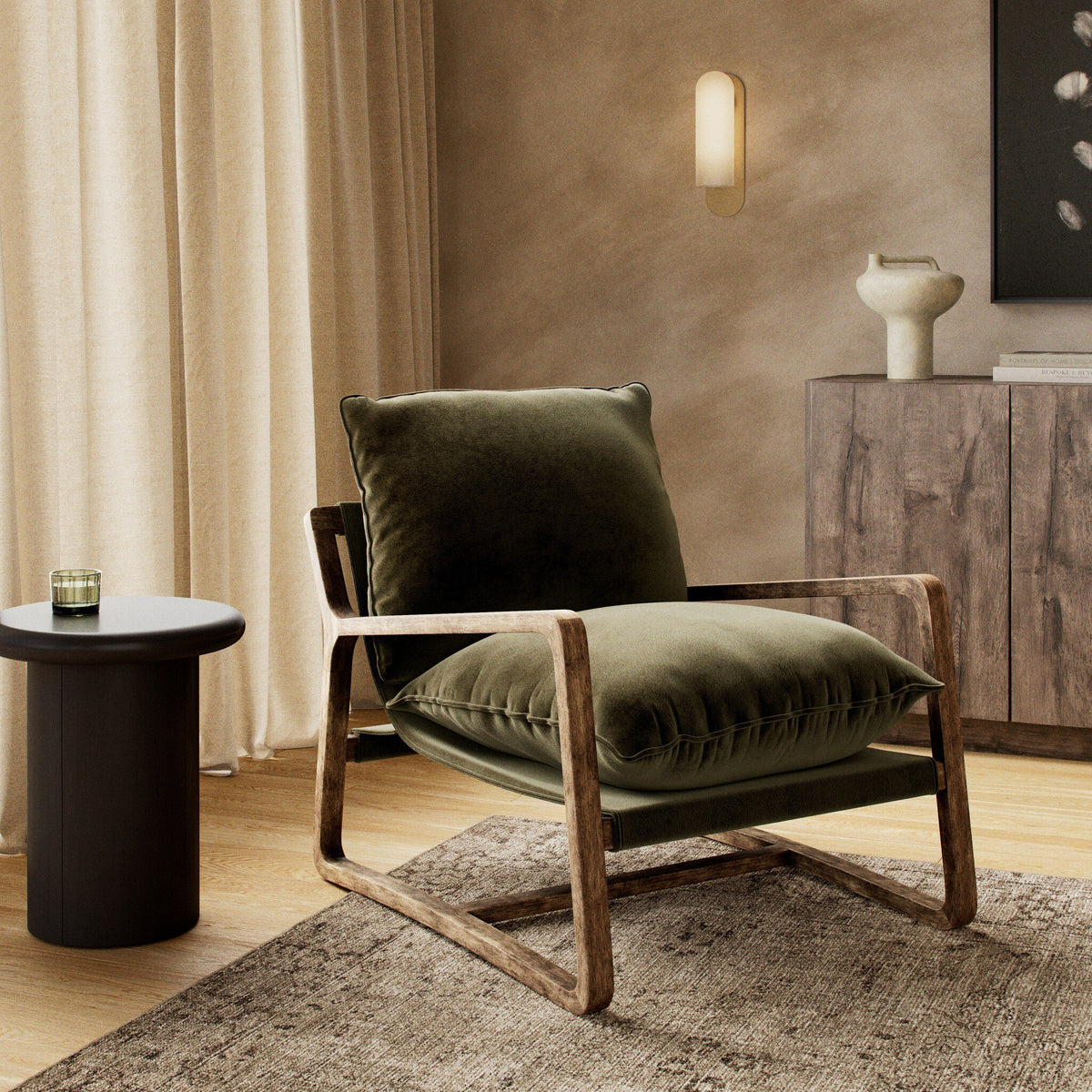 Ace Olive Velvet Accent Chair with a warm solid wood frame styled in a neutral living room.
