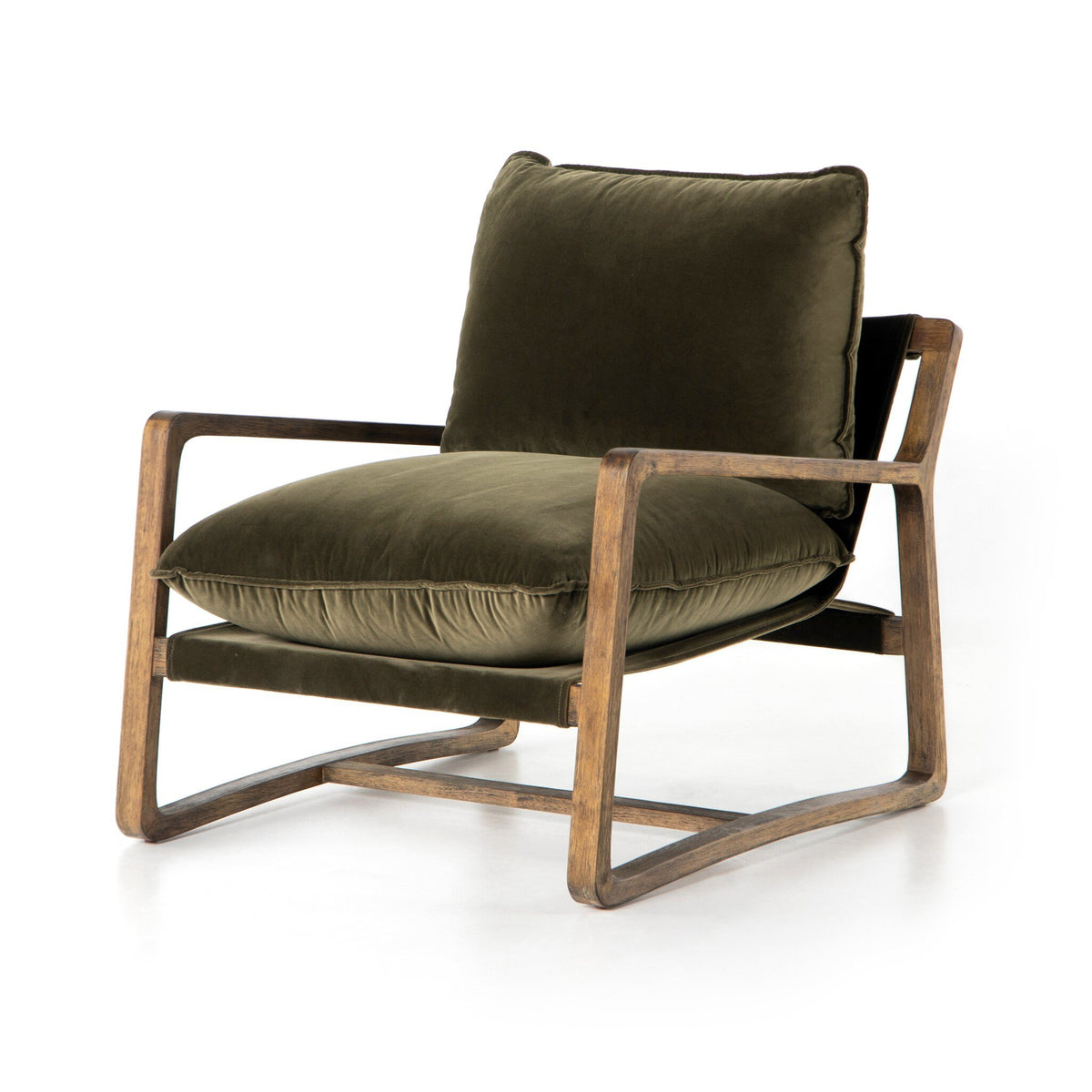 Ace Olive Velvet Accent Chair with plush cushions and a hand-shaped toasted umber wood frame.