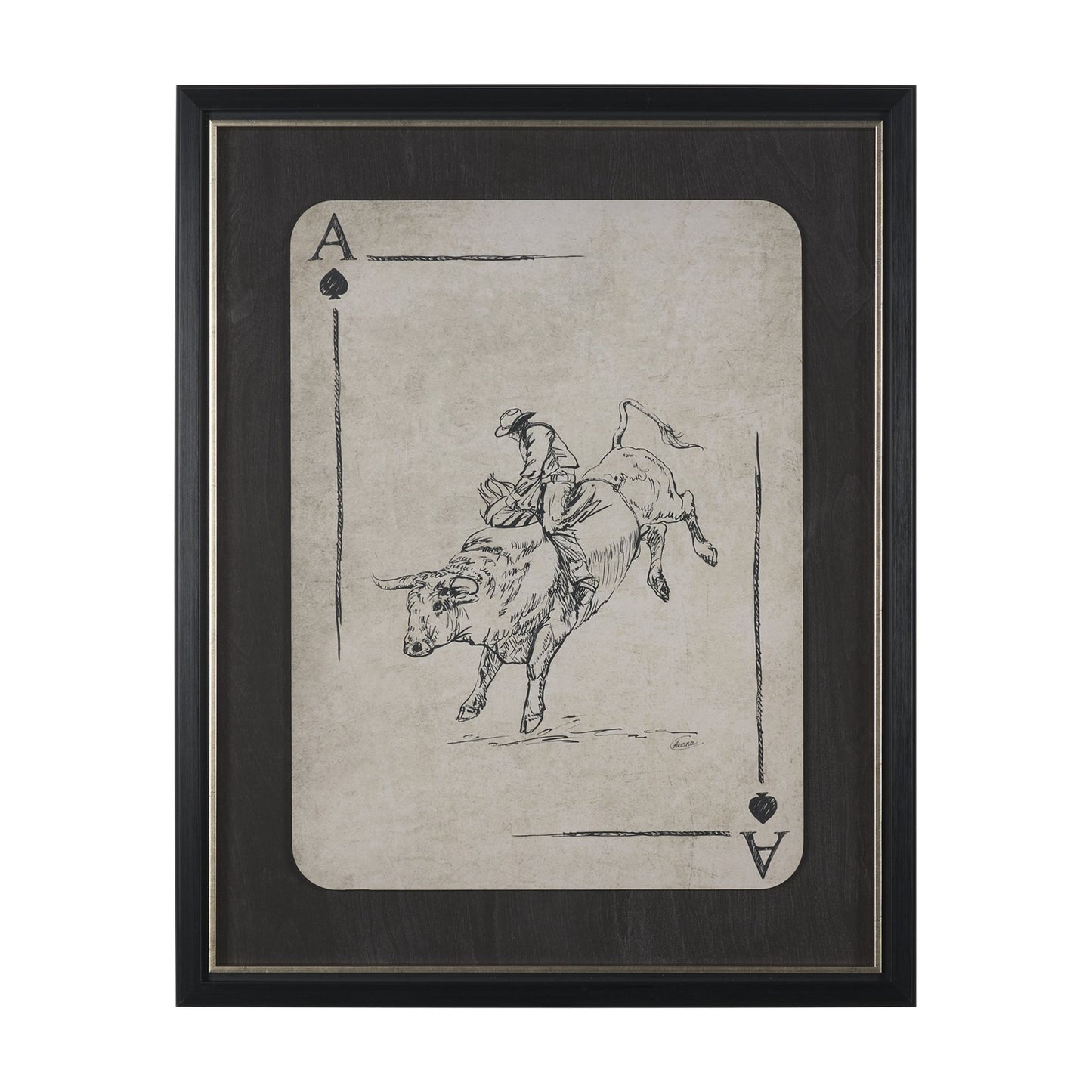Aces Wild I framed western artwork featuring a cowboy riding a bull within an ace of spades design.