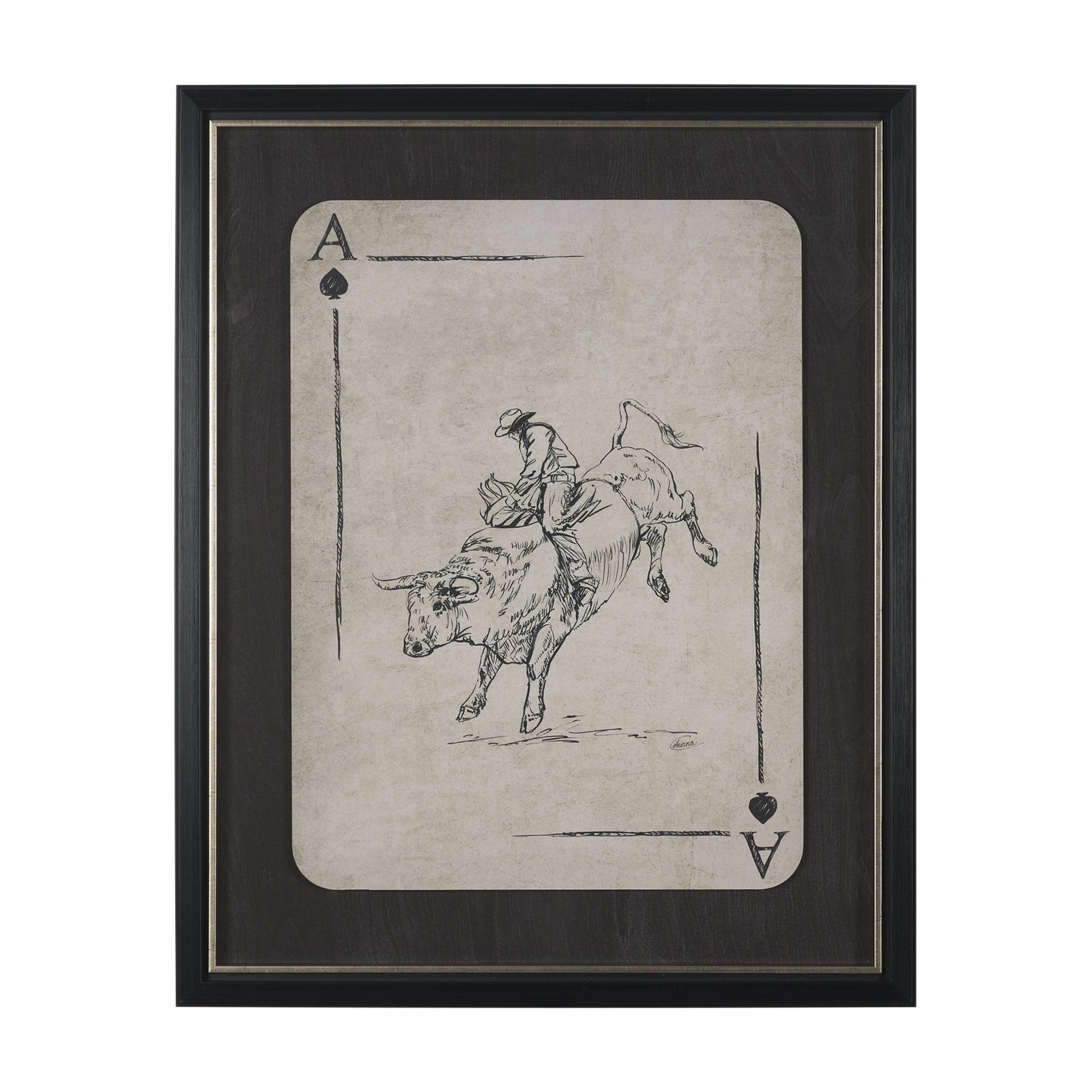 Aces Wild I framed western artwork featuring a cowboy riding a bull within an ace of spades design.