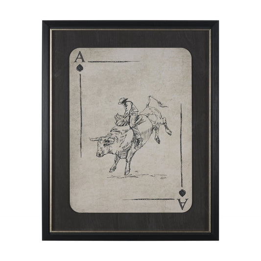 Aces Wild I framed western artwork featuring a cowboy riding a bull within an ace of spades design.