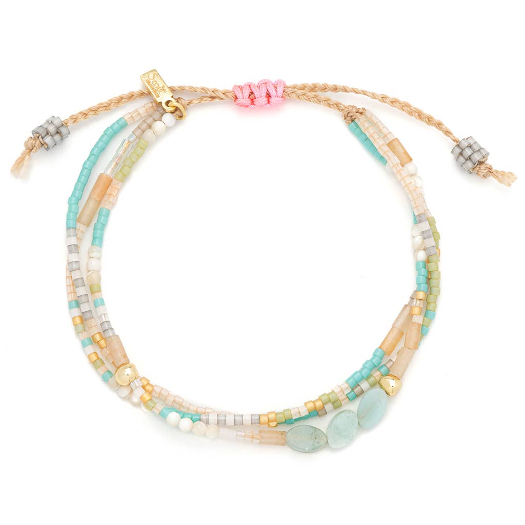 Mixed Media Bracelet featuring genuine Amazonite gemstones, Japanese Miyuki Delica beads, and gold-tone accents with an adjustable pull-tie closure.