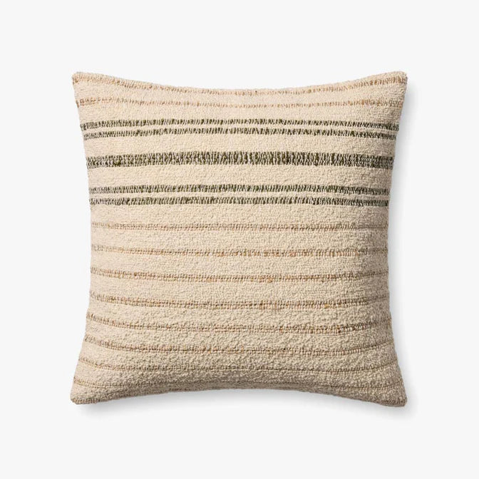 Amber Lewis × Loloi Atley woven throw pillow in natural and olive with a cotton and jute blend.
