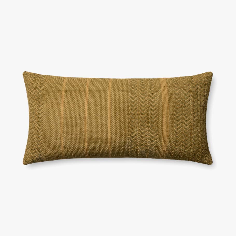 Amber Lewis × Loloi Blair handwoven lumbar pillow in olive with a 100% cotton cover and premium down-filled insert.