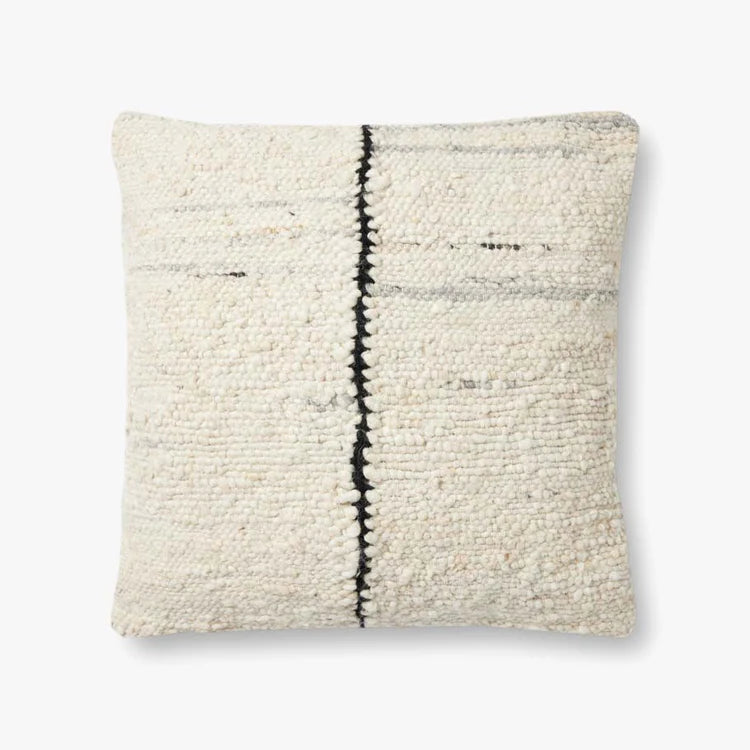 Amber Lewis × Loloi Carla handwoven throw pillow in ivory and black, 22 x 22 inches.