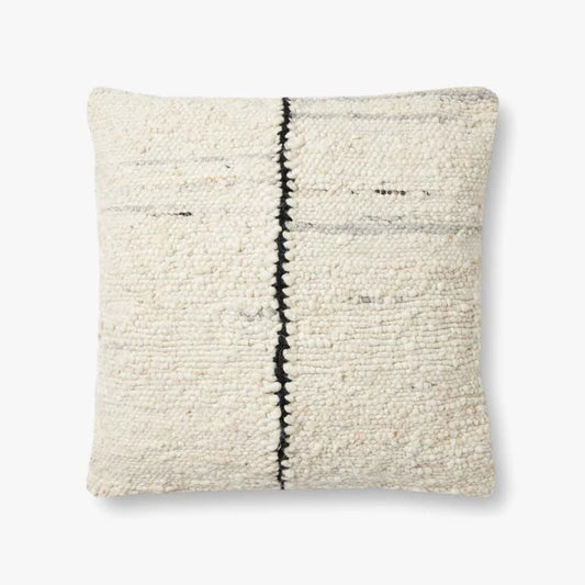 Amber Lewis × Loloi Carla handwoven throw pillow in ivory and black, 22 x 22 inches.