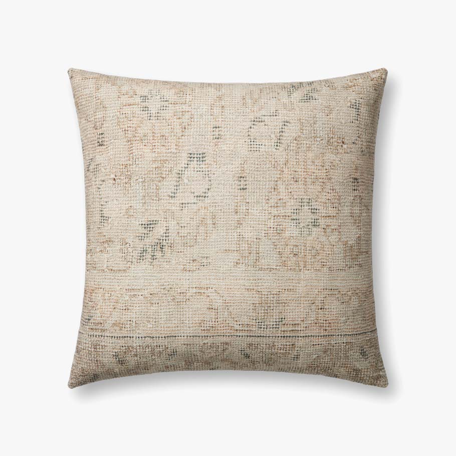 Amber Lewis × Loloi Celestia woven throw pillow in natural and blue with a premium down-filled insert.