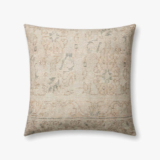 Amber Lewis × Loloi Celestia woven throw pillow in natural and blue with a premium down-filled insert.