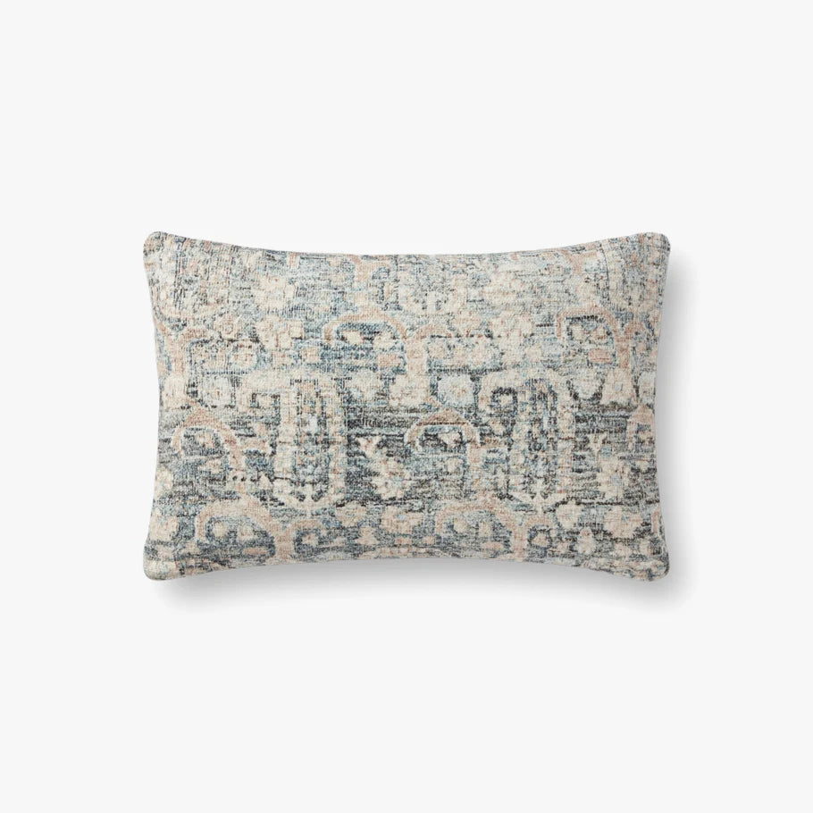 Amber Lewis × Loloi Humboldt decorative lumbar pillow in Ocean and Clay featuring a woven cotton and polyester cover with a premium down-filled insert.