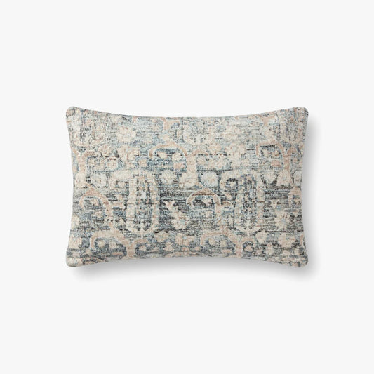 Amber Lewis × Loloi Humboldt decorative lumbar pillow in Ocean and Clay featuring a woven cotton and polyester cover with a premium down-filled insert.