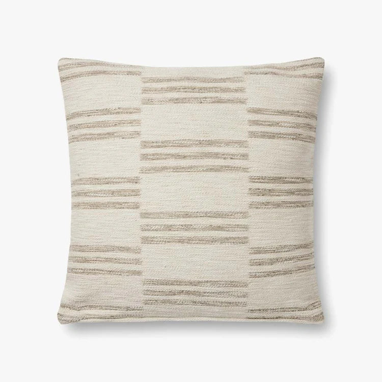 Amber Lewis × Loloi Jay jacquard woven throw pillow in ivory and sand, 22 x 22 inches.