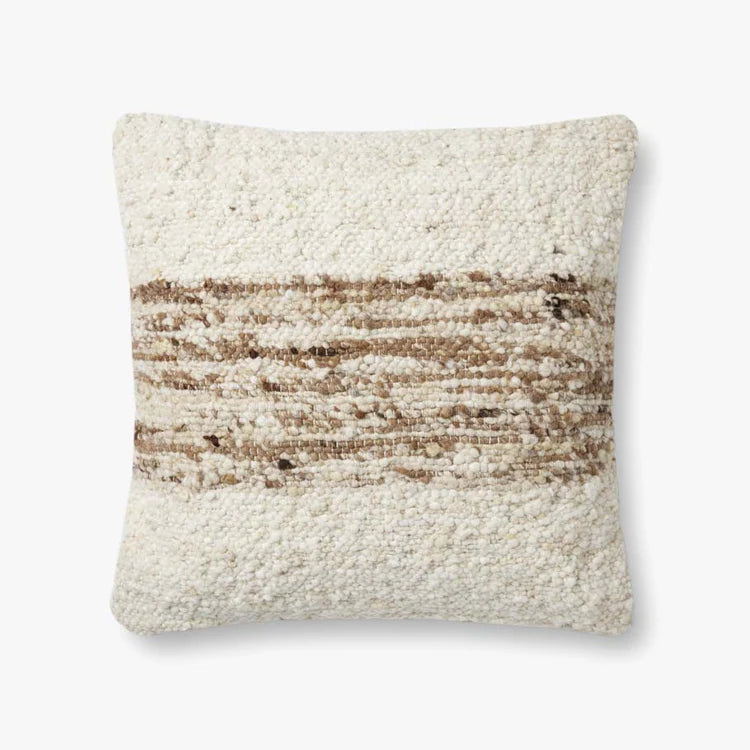Amber Lewis × Loloi Marie handwoven throw pillow in ivory and camel, 22 x 22 inches.