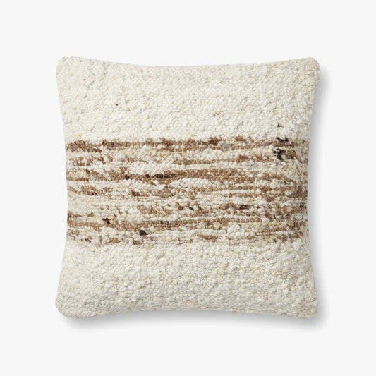 Amber Lewis × Loloi Marie handwoven throw pillow in ivory and camel, 22 x 22 inches.