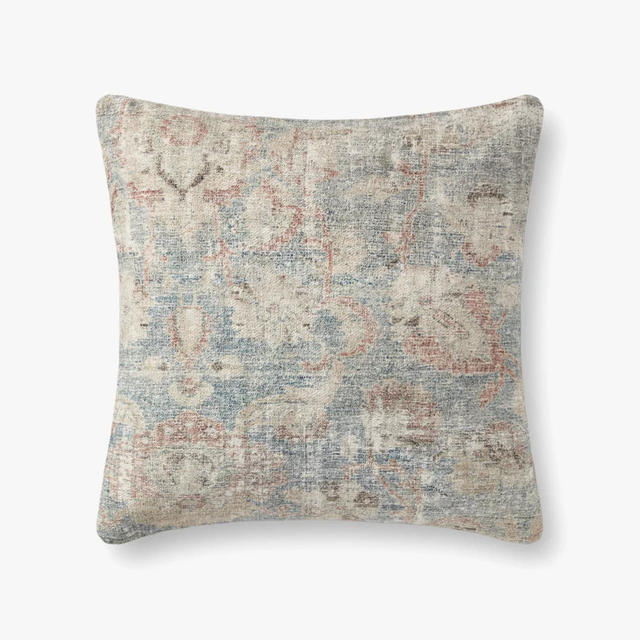 Amber Lewis × Loloi Pacifica decorative throw pillow in Sky and Natural featuring a woven cotton and polyester cover with a premium down-filled insert.