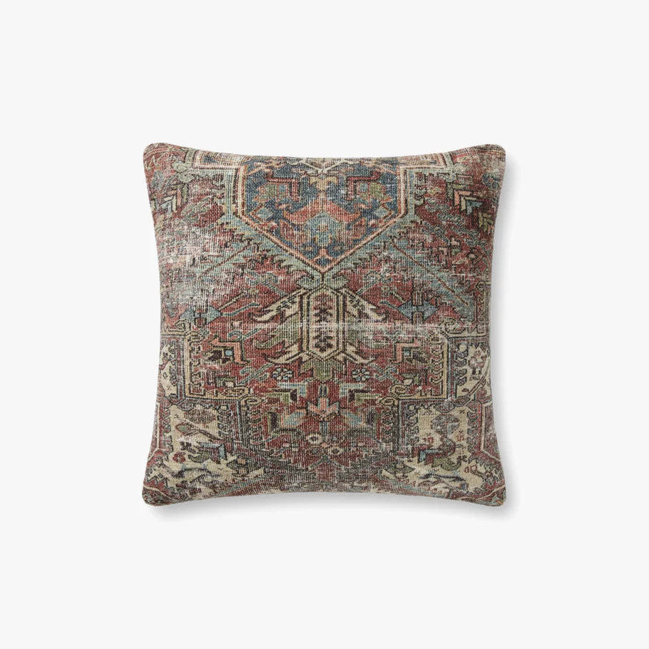 Amber Lewis × Loloi Redwood decorative throw pillow in Rust and Multi with a woven cotton and polyester cover and premium down-filled insert.