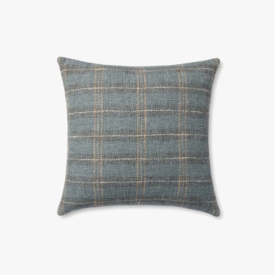 Amber Lewis × Loloi Stockton throw pillow in denim blue featuring a classic plaid pattern, knife-edge finish, and premium down-filled insert.