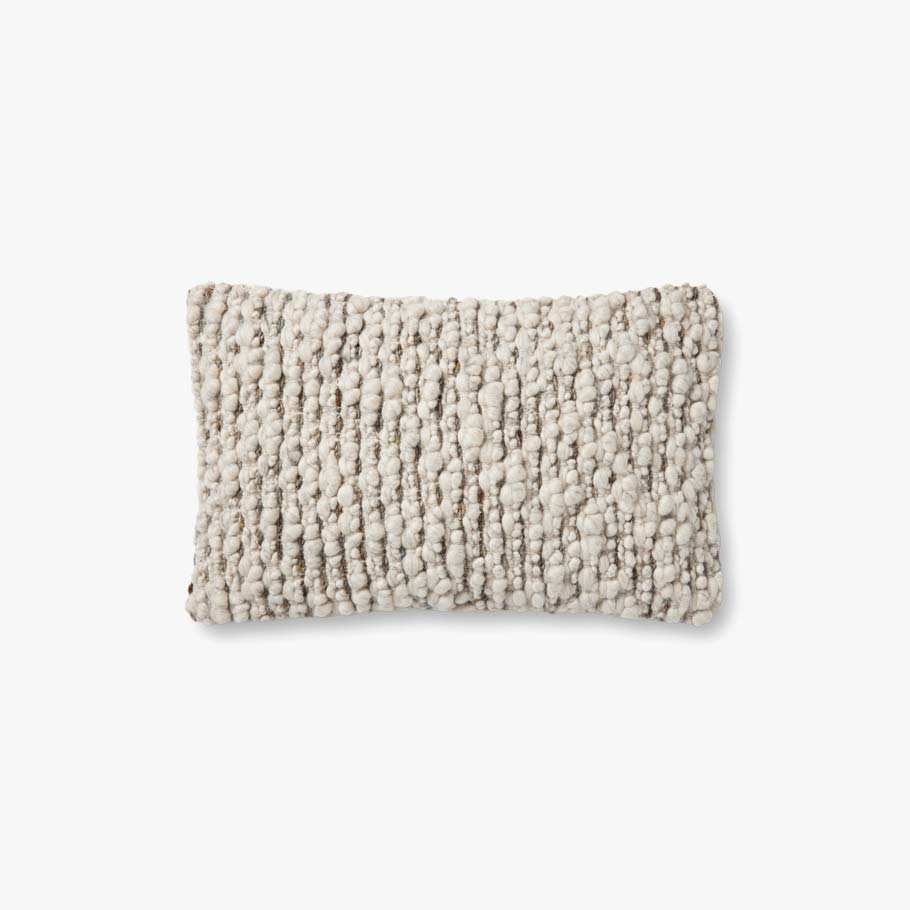 Amber Lewis × Loloi Vivienne handwoven lumbar pillow in dove and smoke, 13 x 21 inches.