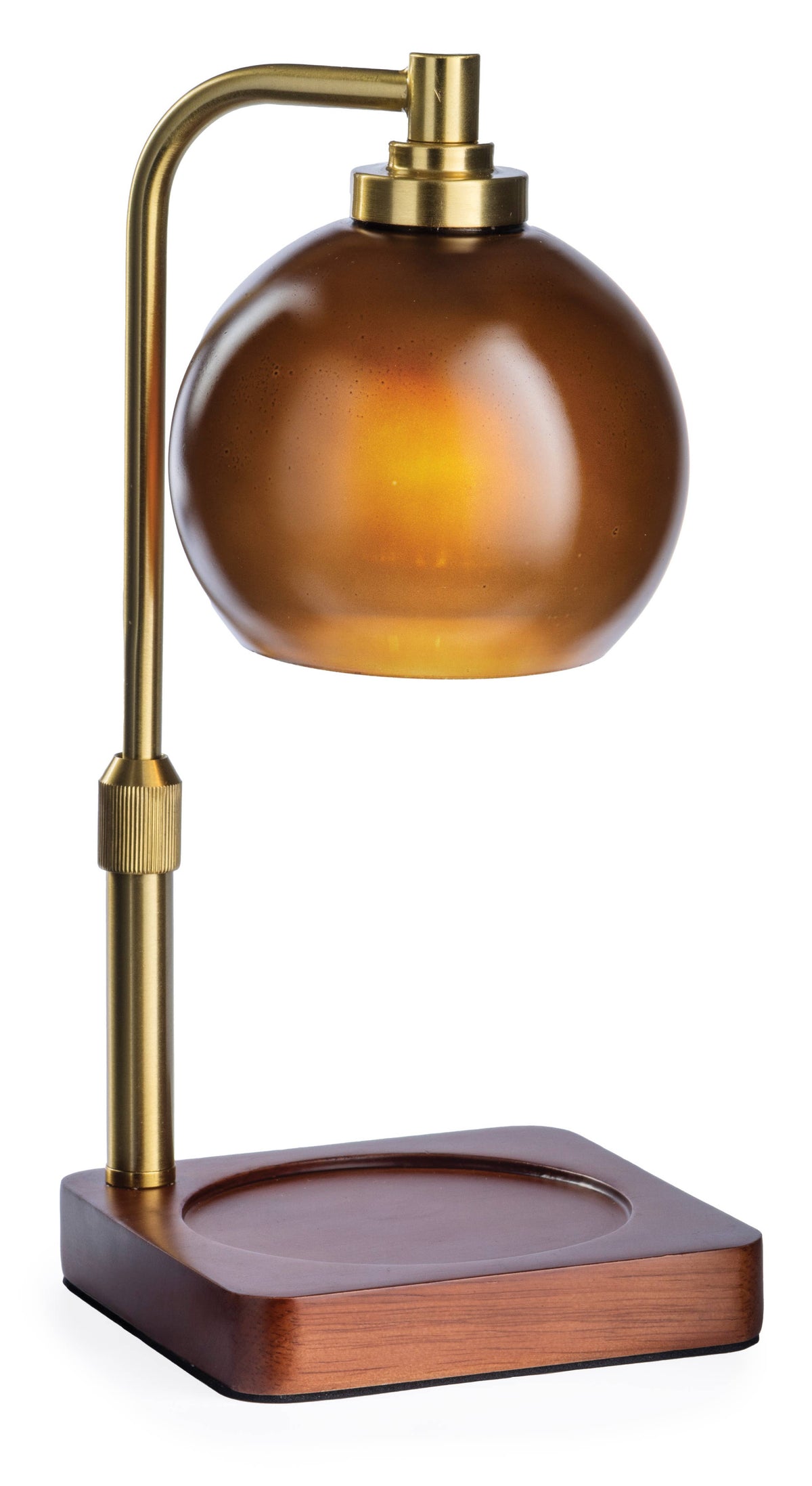 Amber Sphere Candle Warmer Lamp with rounded amber glass shade, brushed gold adjustable stem, and warm wood-toned base.