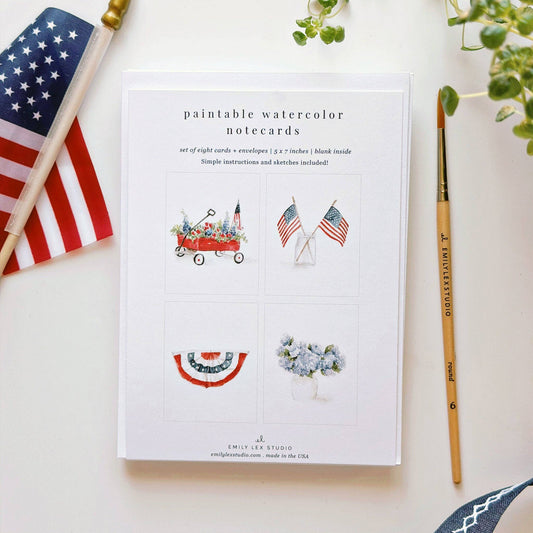 Americana Paintable Watercolor Notecard Set featuring original artwork by Emily Lex.