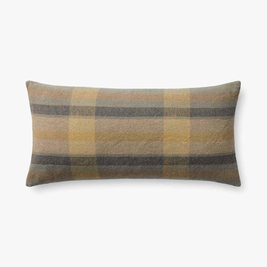 Andi decorative throw pillow featuring a woven yellow and blue pattern with a coordinating blue back and knife-edge finish.