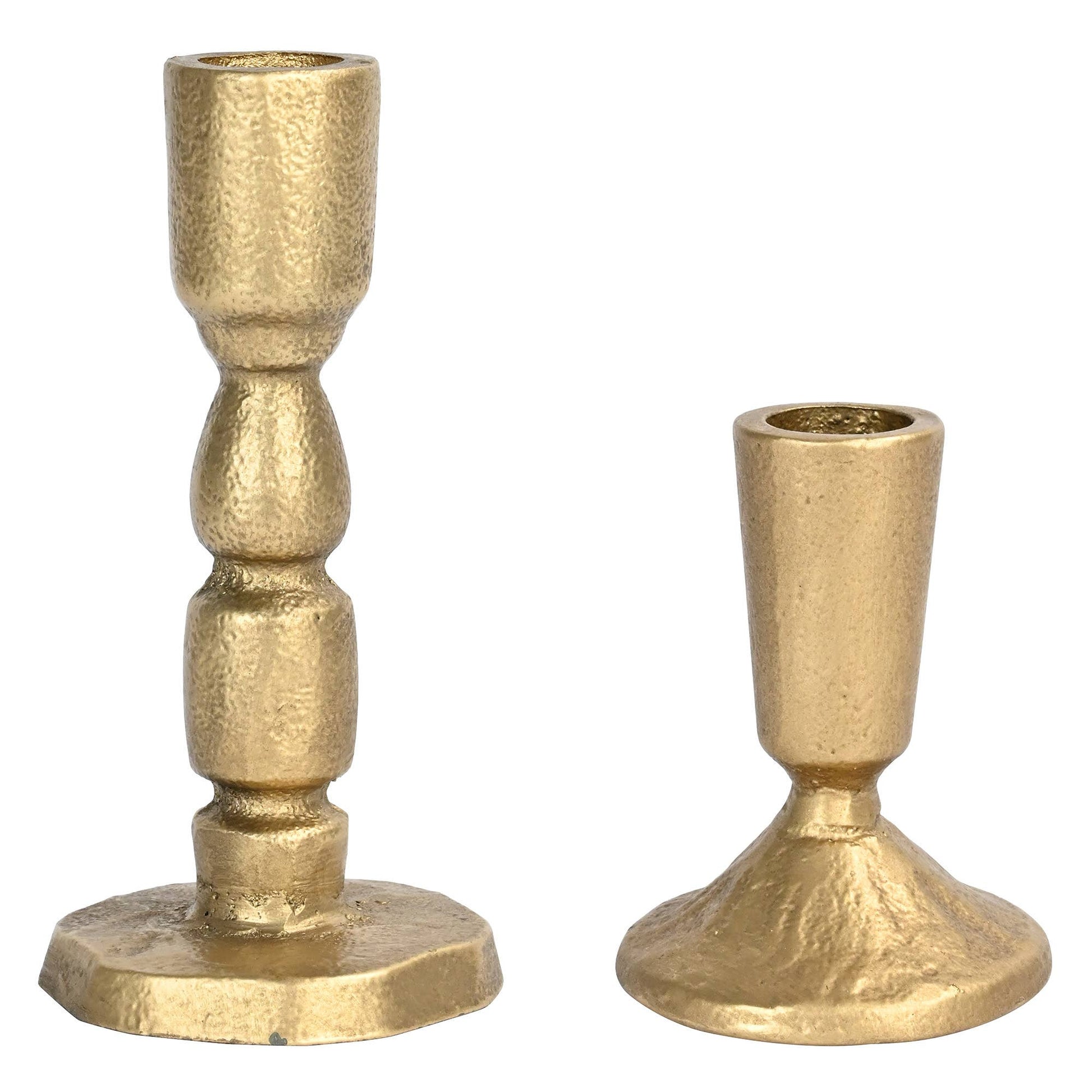 Close-up of the antique gold finish and solid cast iron construction of the taper candle holders.