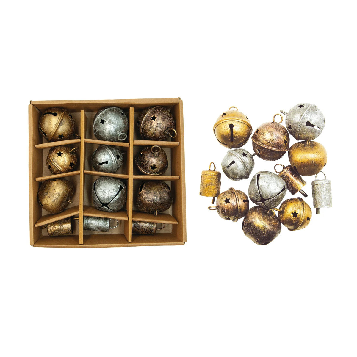 Set of 12 antique metal bell ornaments in distressed gold, silver, and copper finishes.