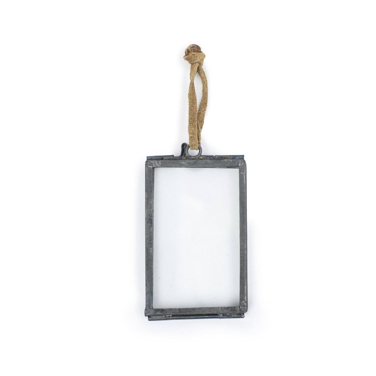 Small glass ornament picture frame with zinc finish, measuring 1.5 by 2.5 inches.