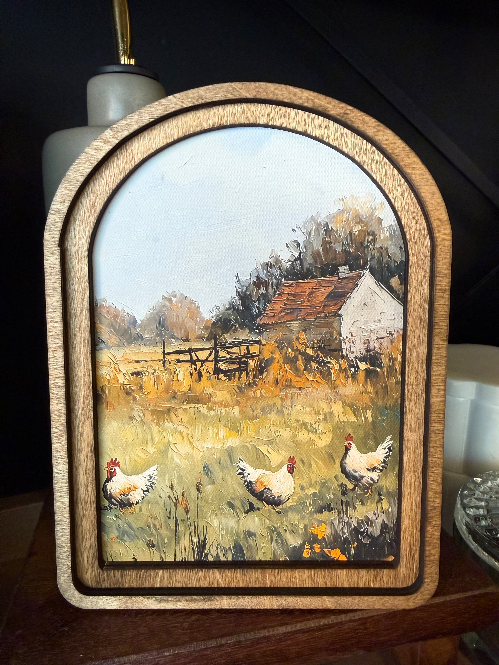 Arch Top Chicken Painting framed canvas art featuring vintage-inspired chicken artwork in a double-layered Early American stained wood frame.