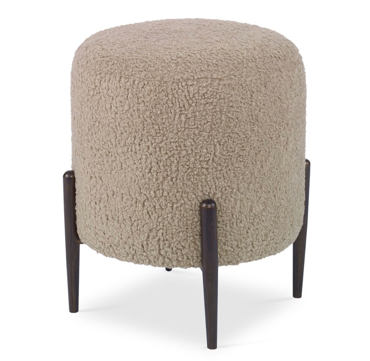 Arles Faux Shearling Ottoman in latte with plush textured upholstery and a dark bronze metal frame.