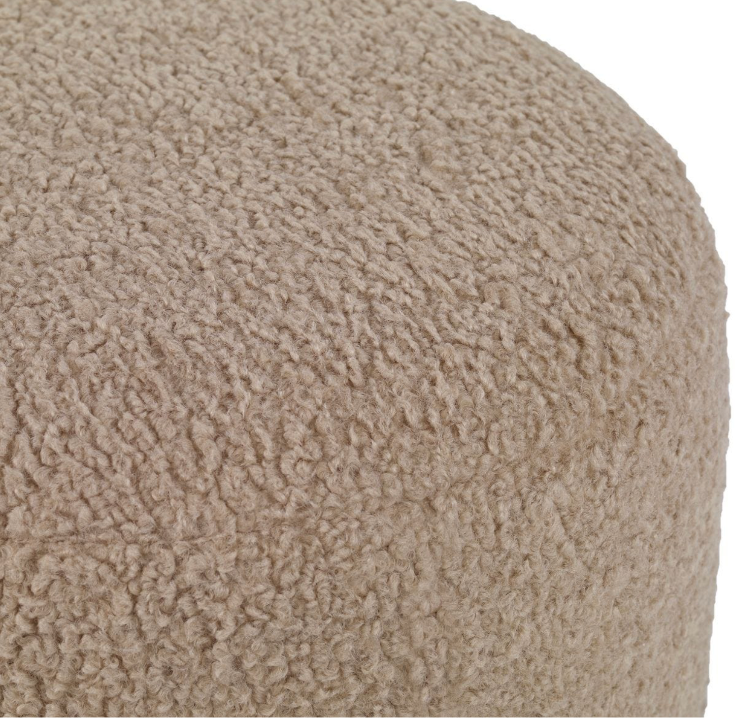 Arles Faux Shearling Ottoman in latte with plush textured upholstery and a dark bronze metal frame.