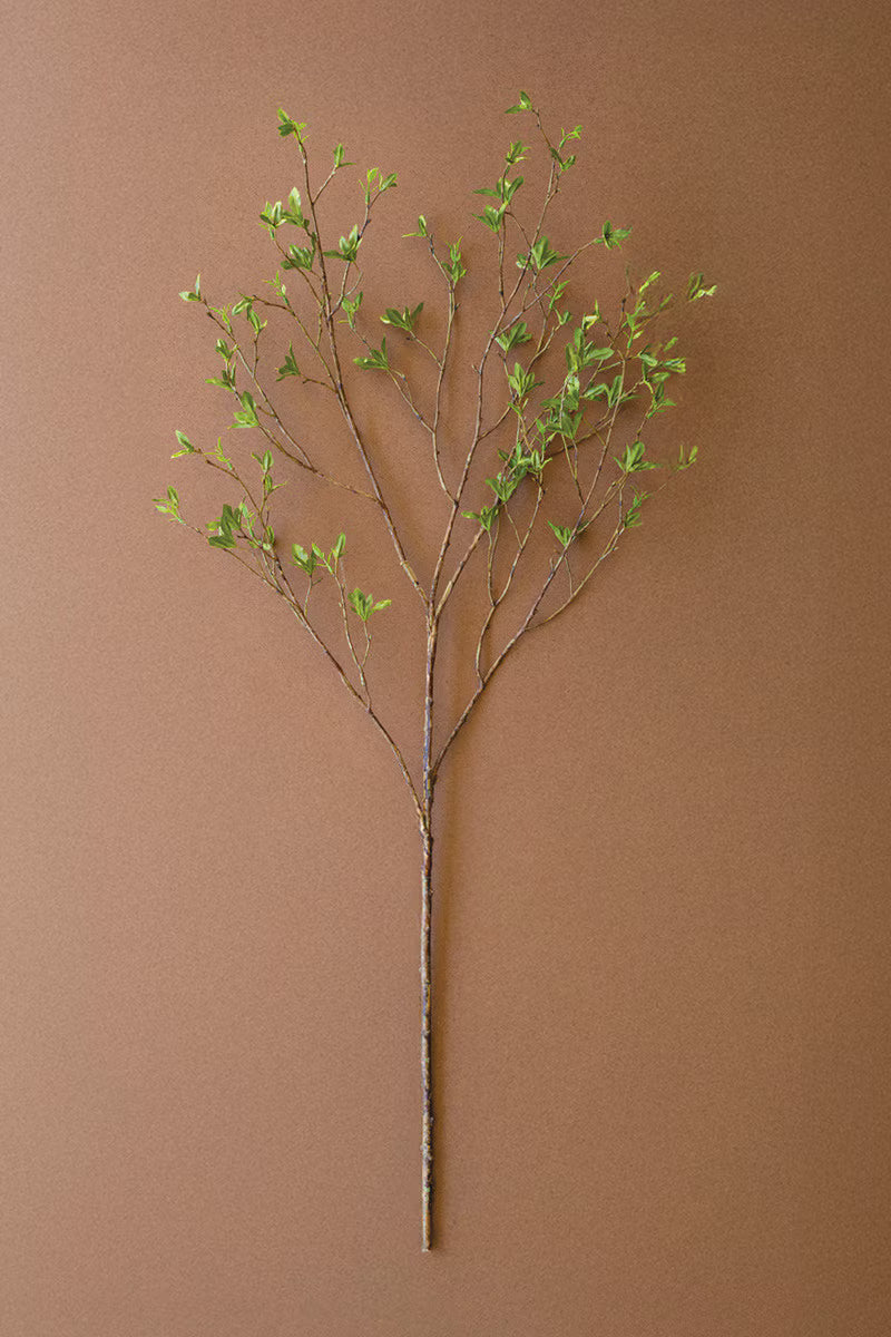 Artificial budding leaf spray featuring realistic green berry clusters and slender branching stems.