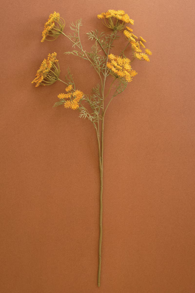 Artificial yellow lace flower stem with delicate golden blooms and airy branching stems.