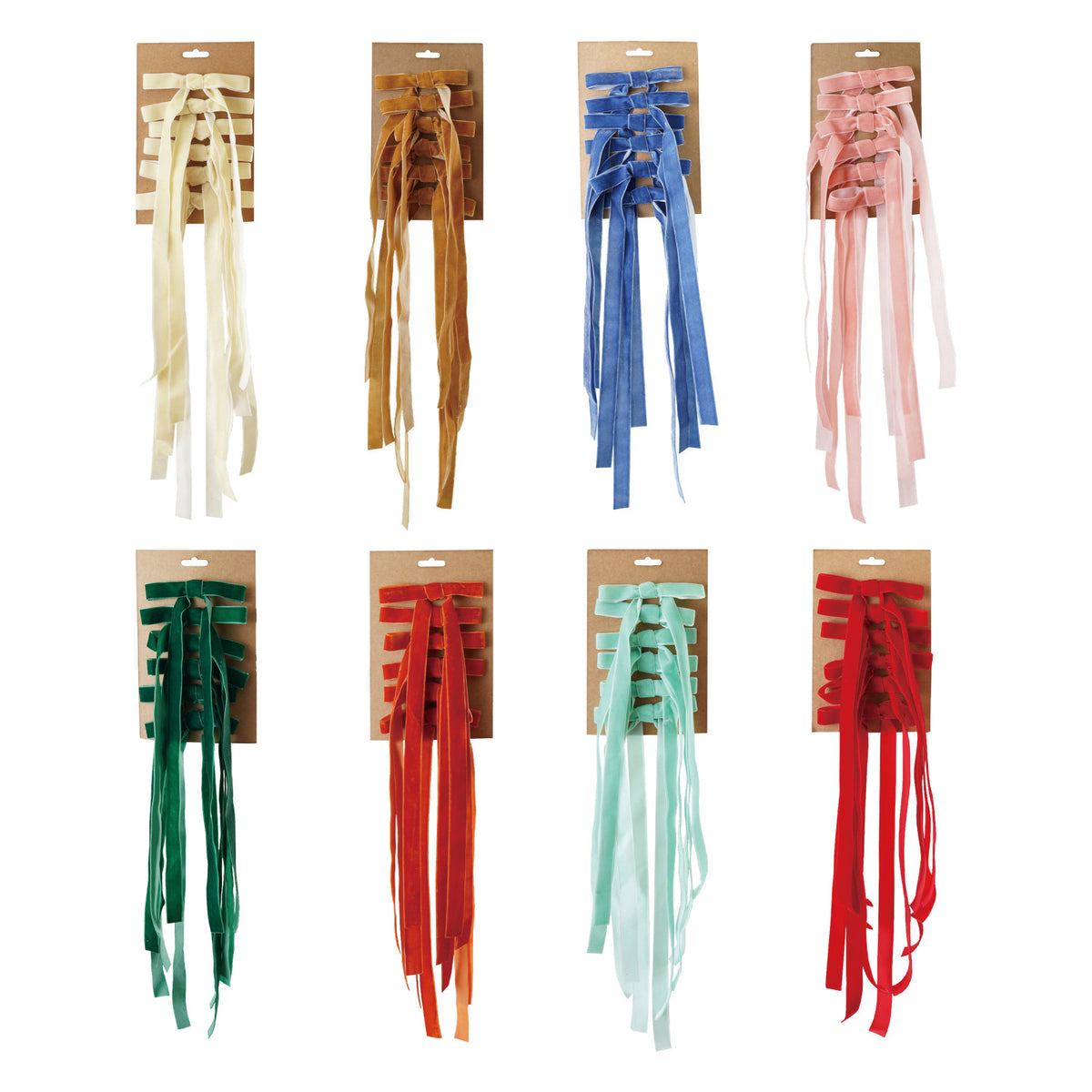 Set of six velvet clip-on bows in assorted rich colors for Christmas tree and holiday decorating.