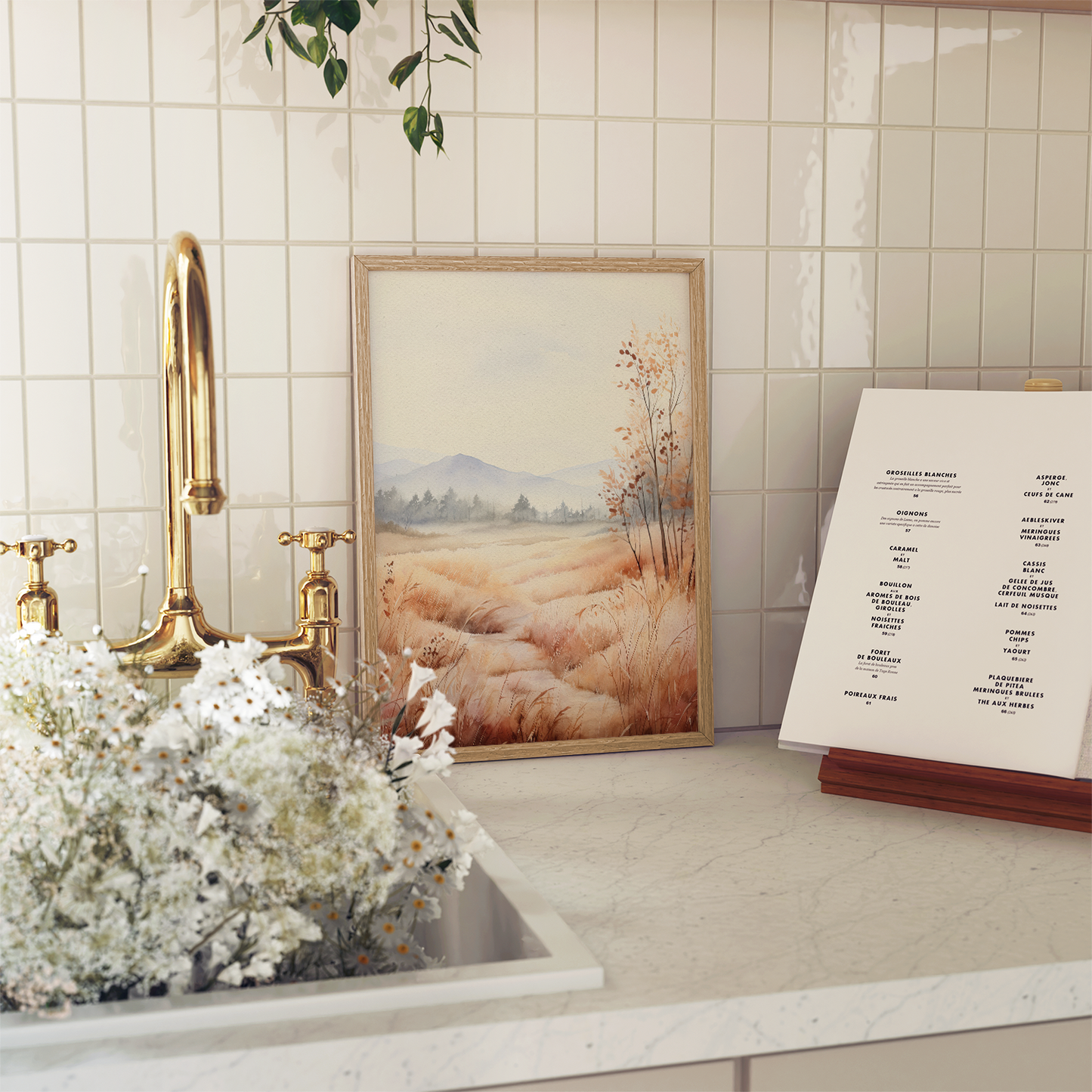 A framed landscape art print depicting a golden wheat field and distant mountains, styled on a white kitchen counter next to a gold faucet and a menu on a stand.