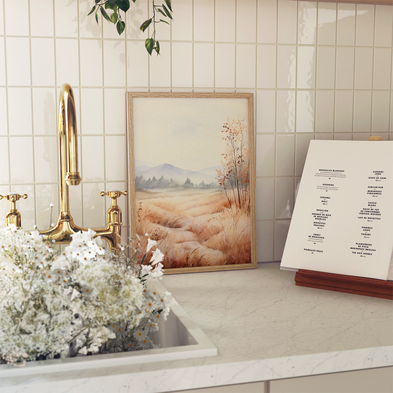 A framed landscape art print depicting a golden wheat field and distant mountains, styled on a white kitchen counter next to a gold faucet and a menu on a stand.