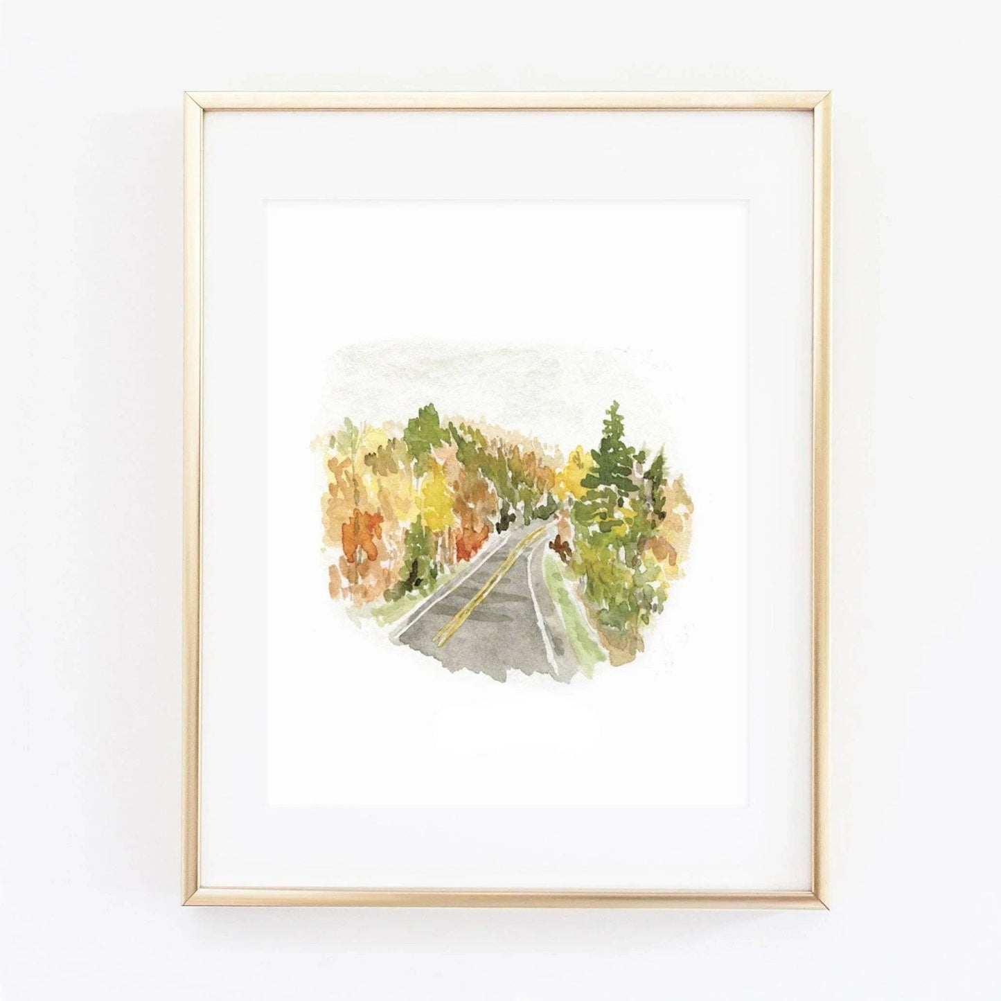 Autumn Road Landscape Watercolor Art Print by Emily Lex featuring an original watercolor painting of a quiet country road surrounded by colorful fall foliage.