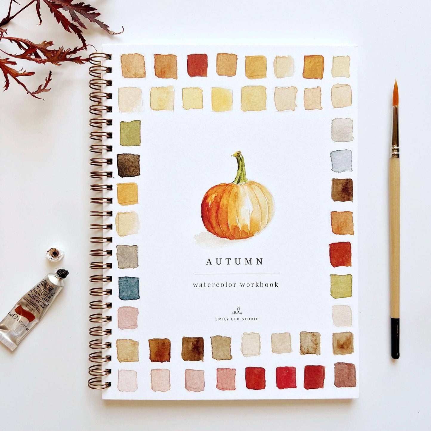 Autumn Watercolor Workbook by Emily Lex featuring twelve guided watercolor projects inspired by the beauty of fall.