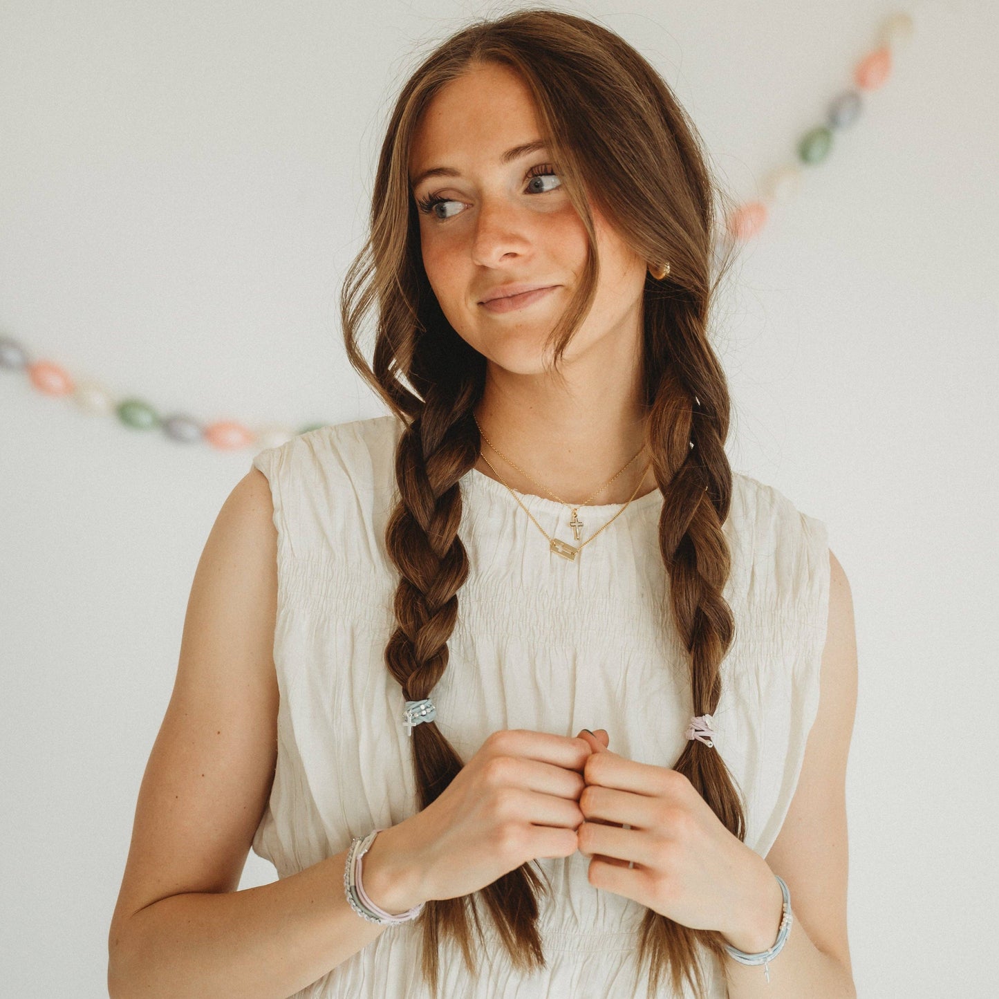"Praise" Silver Cross with muted Pastels Hair Tie Bracelets: Medium
