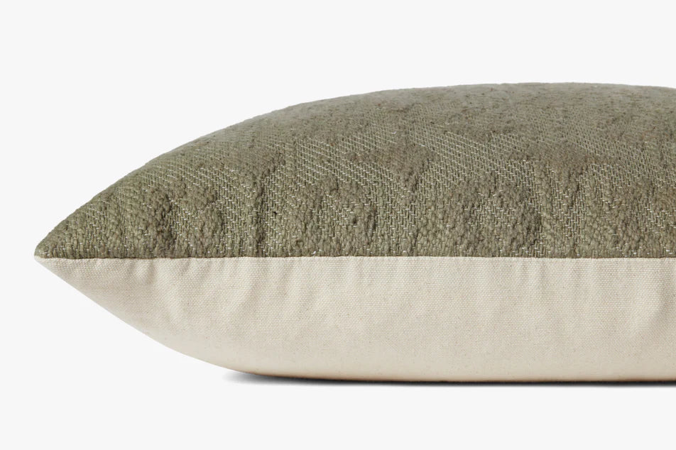 Jacquard woven Scarlett throw pillow featuring soft taupe green tones with an antique bronze Magnolia Home zipper.