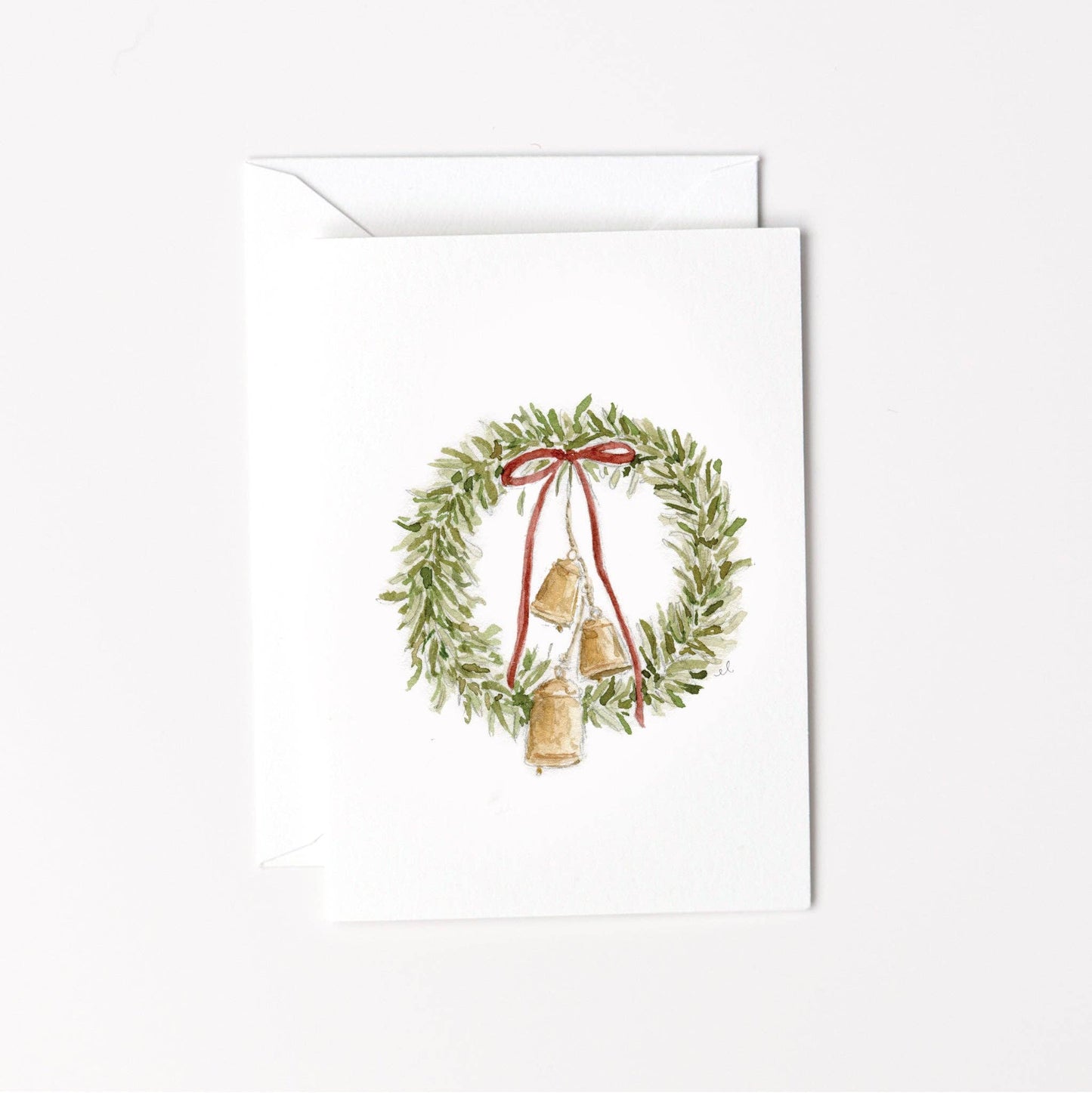 Bell Wreath Mini Enclosure Card by Emily Lex featuring an original watercolor illustration of a festive Christmas bell wreath.