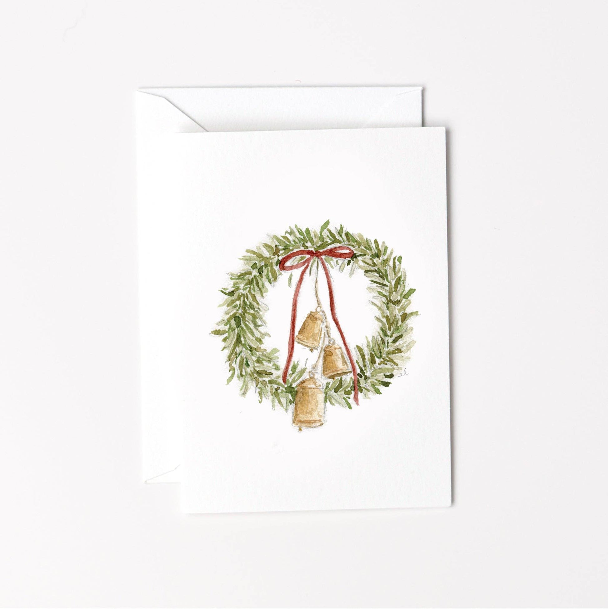 Bell Wreath Mini Enclosure Card by Emily Lex featuring an original watercolor illustration of a festive Christmas bell wreath.