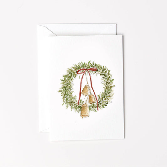 Bell Wreath Mini Enclosure Card by Emily Lex featuring an original watercolor illustration of a festive Christmas bell wreath.