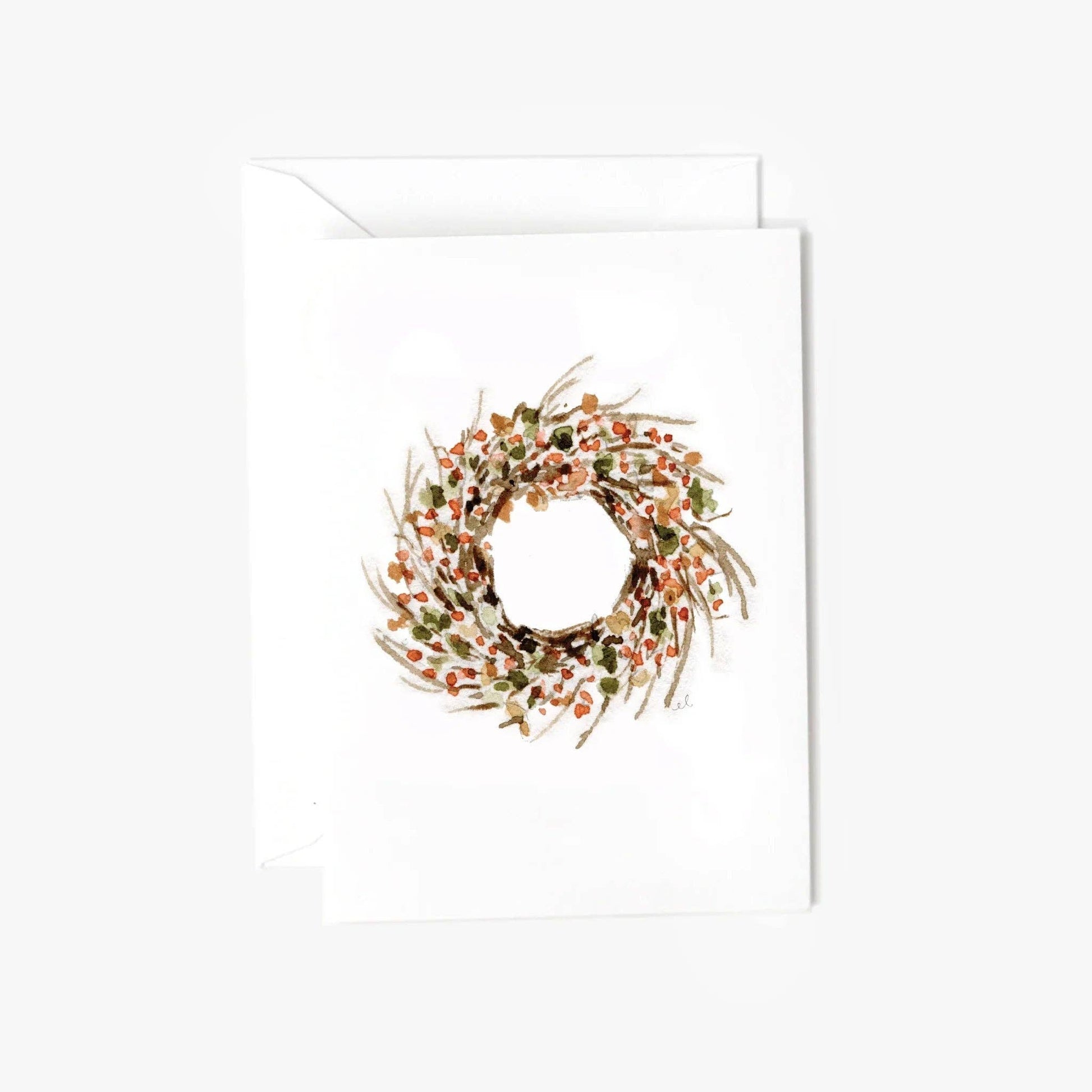 Bittersweet Wreath Mini Enclosure Card by Emily Lex featuring an original watercolor autumn wreath with coordinating envelope and sealing sticker.