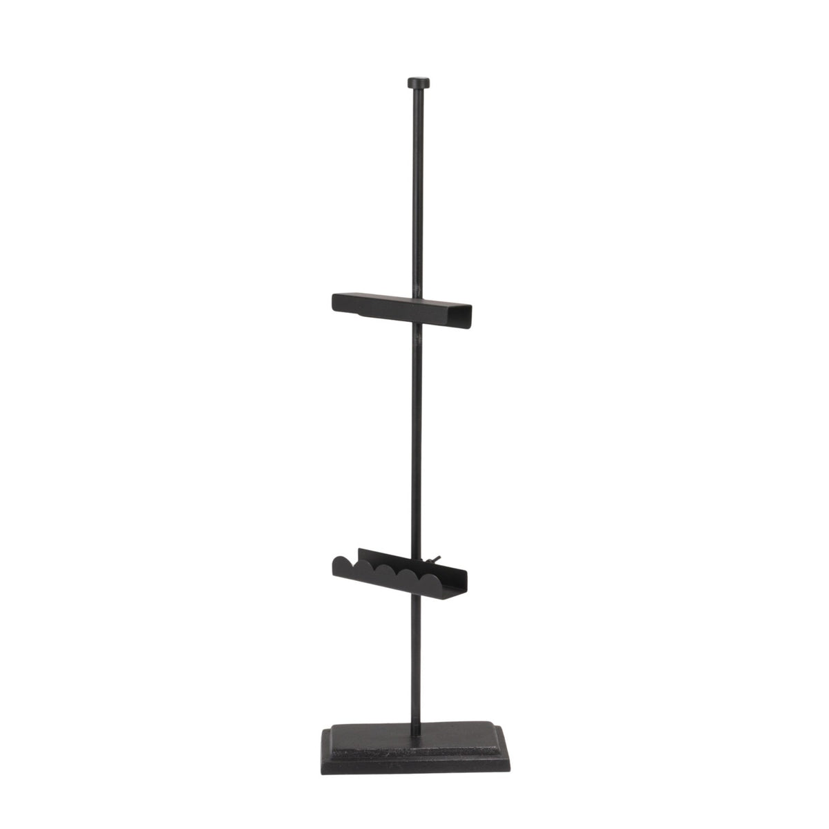 Black adjustable metal display easel with a slender silhouette and decorative scalloped detailing.
