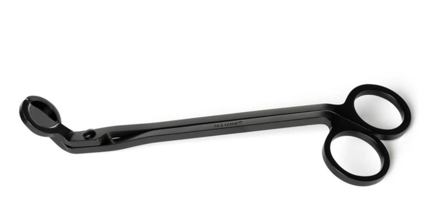 Black metal candle wick trimmer designed to promote cleaner burns and extend candle life.