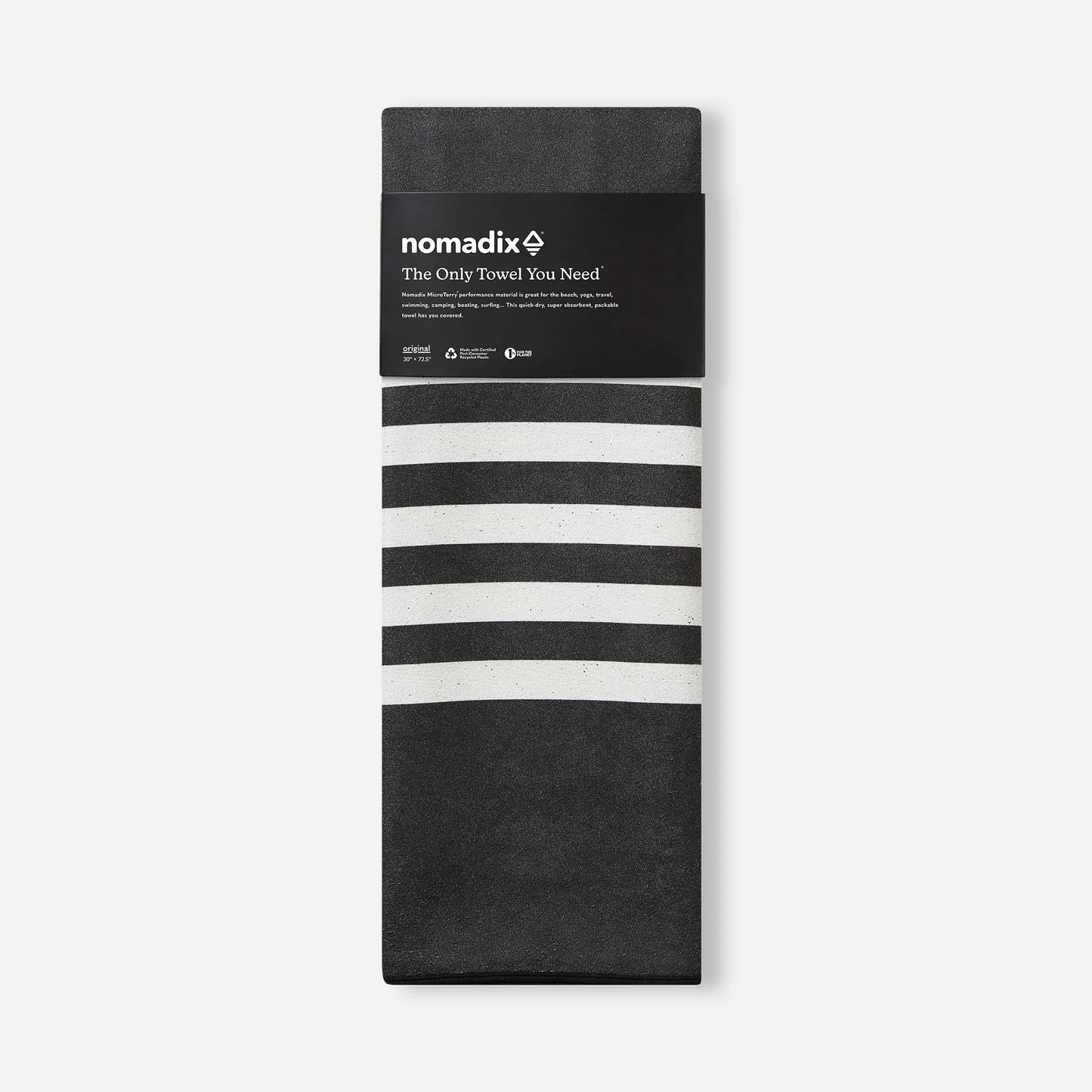 Nomadix Original Travel Towel in Poolside Black featuring a modern black striped design and quick-dry MicroTerry™ performance fabric.