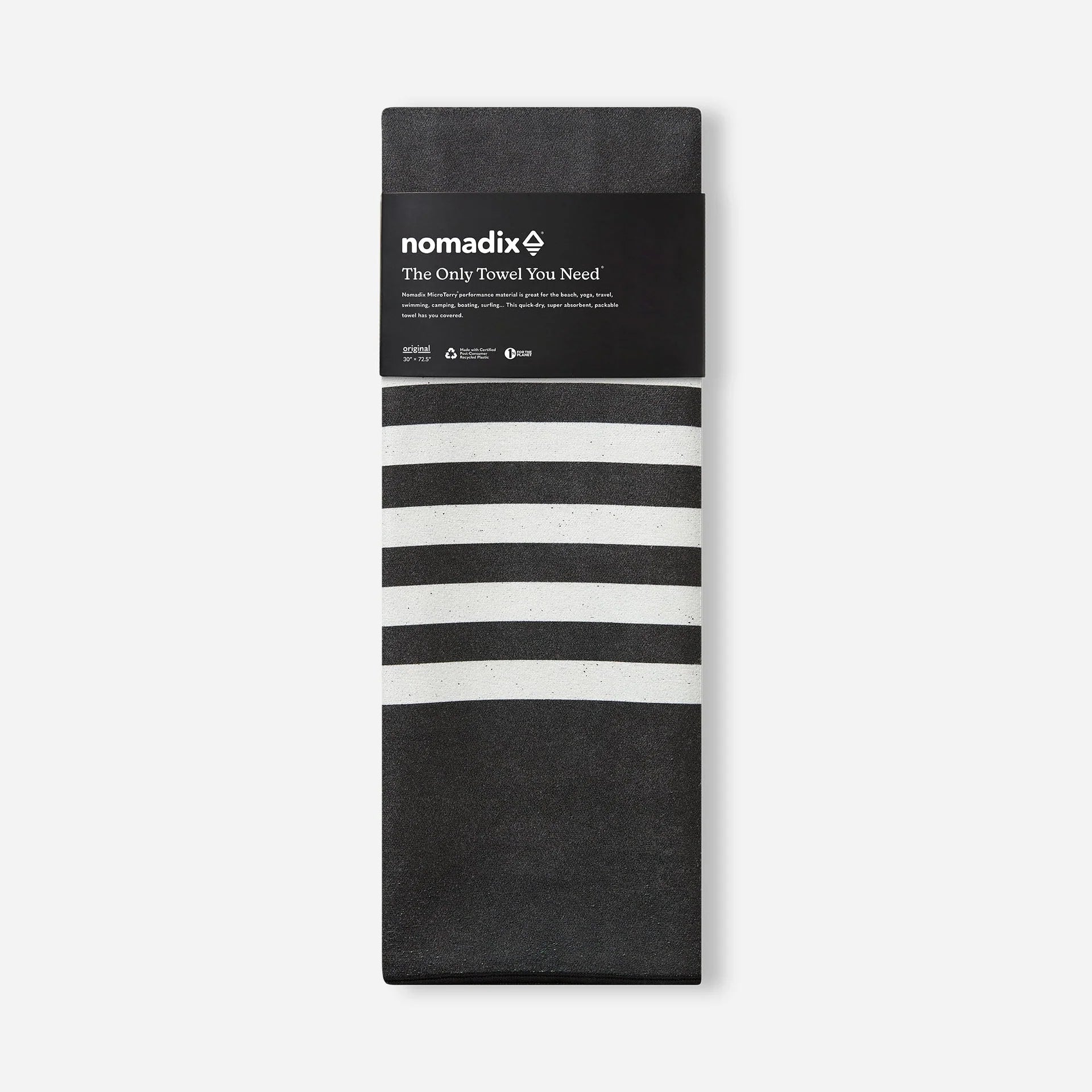 Nomadix Original Travel Towel in Poolside Black featuring a modern black striped design and quick-dry MicroTerry™ performance fabric.