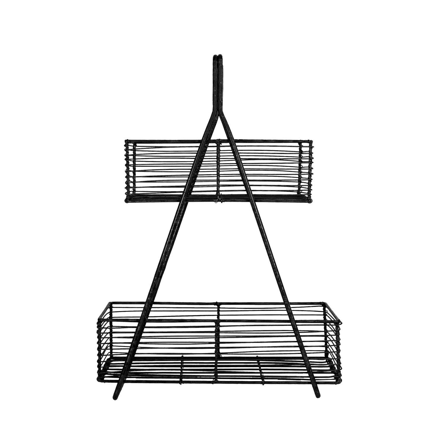 Atticus Two-Tier Wire Basket handcrafted from black metal wire for stylish kitchen, pantry, or bathroom storage.