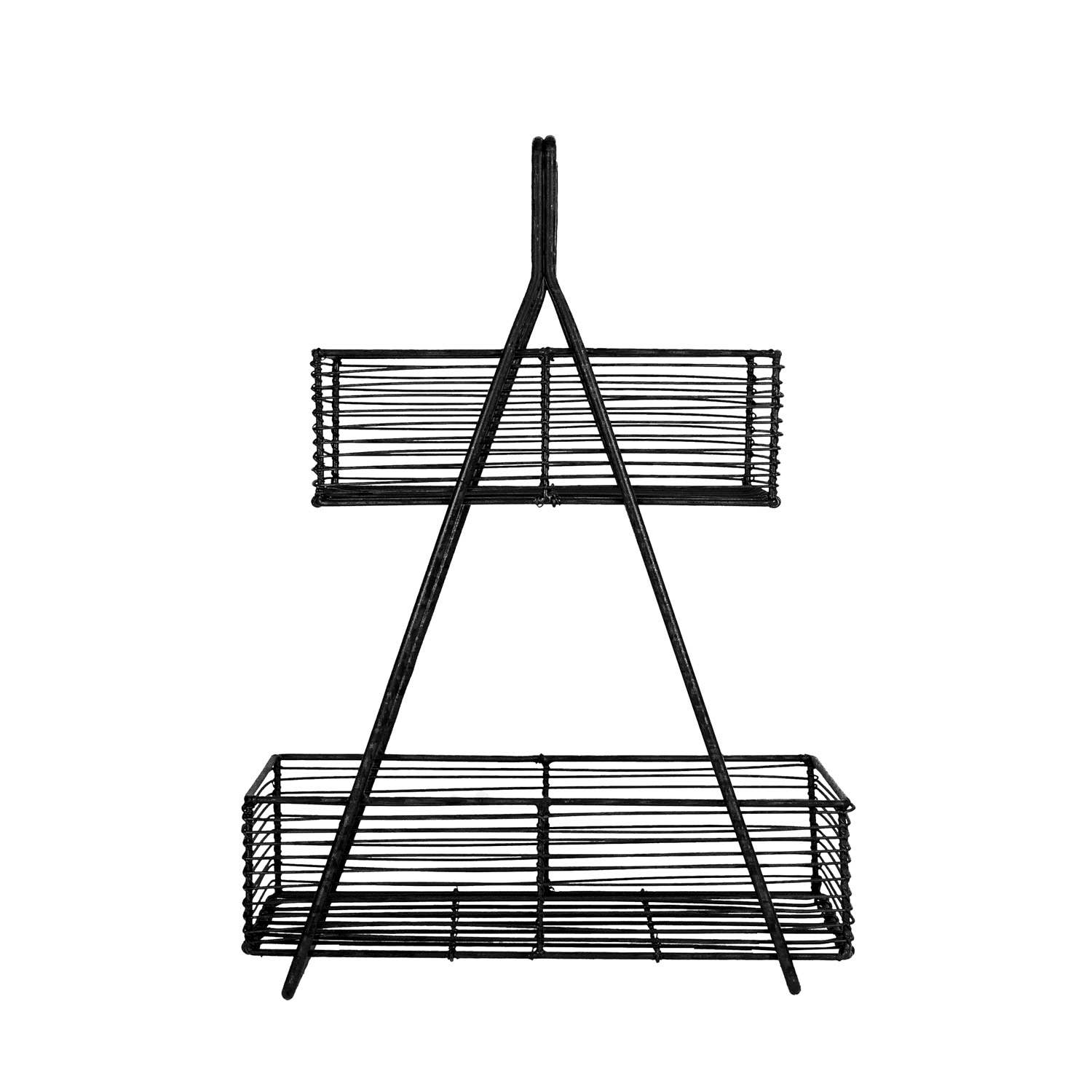 Atticus Two-Tier Wire Basket handcrafted from black metal wire for stylish kitchen, pantry, or bathroom storage.