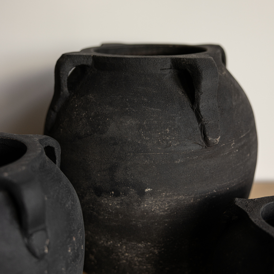Noir Black Wash Terracotta Vase with Handles